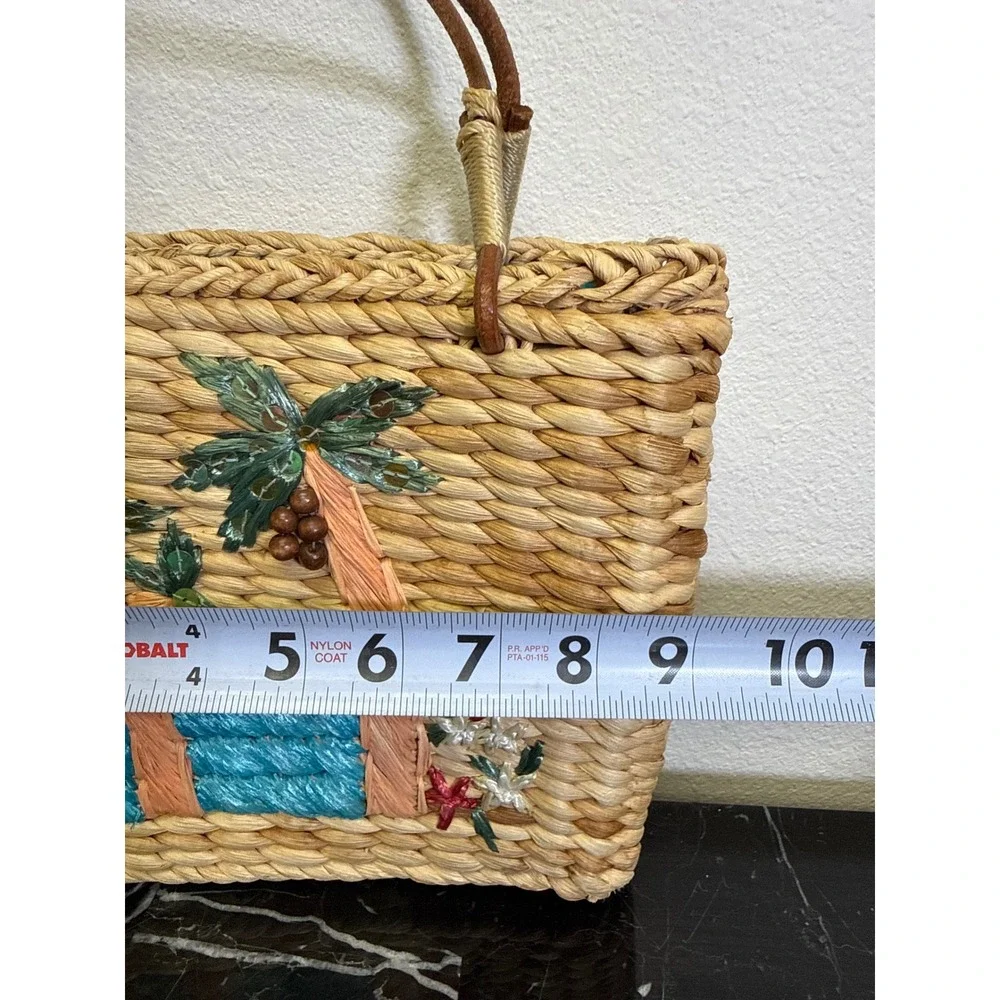 Tropical Palm Tree Embroidered Woven Straw Tote Bag Blue Lining Small Basket